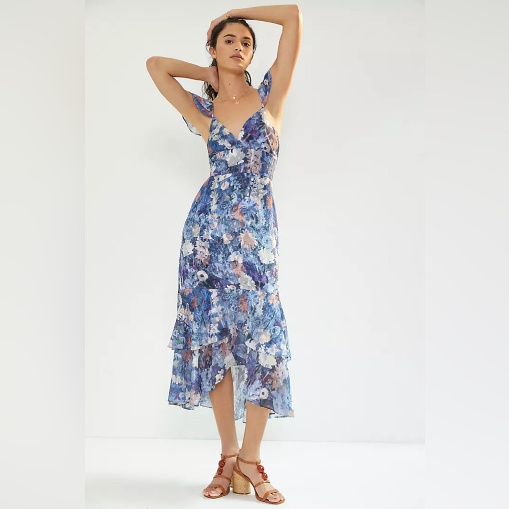 NWT Anthropologie Ruffled Floral Blue Sleeveless Hutch Midi Dress Gown Size: 6